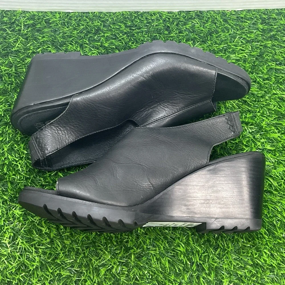 Sorel After Hour Black Leather Peep Toe Slingback Heeled Wedge Sandals Sz 10.5‎